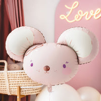 Globo foil con forma de cabeza de ratona en rosa empolvado con lazo y mejillas sonrosadas 75x46 cm