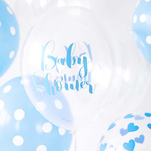 Globo blanco de 30 cm con inscripción Baby Shower en azul. Ideal para baby showers y bautizos de niño.