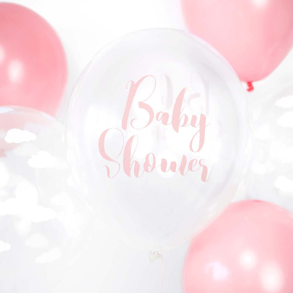 Globo blanco de 30 cm con inscripción Baby Shower en rosa. Perfecto para fiestas de bebé o bautizos de niña.