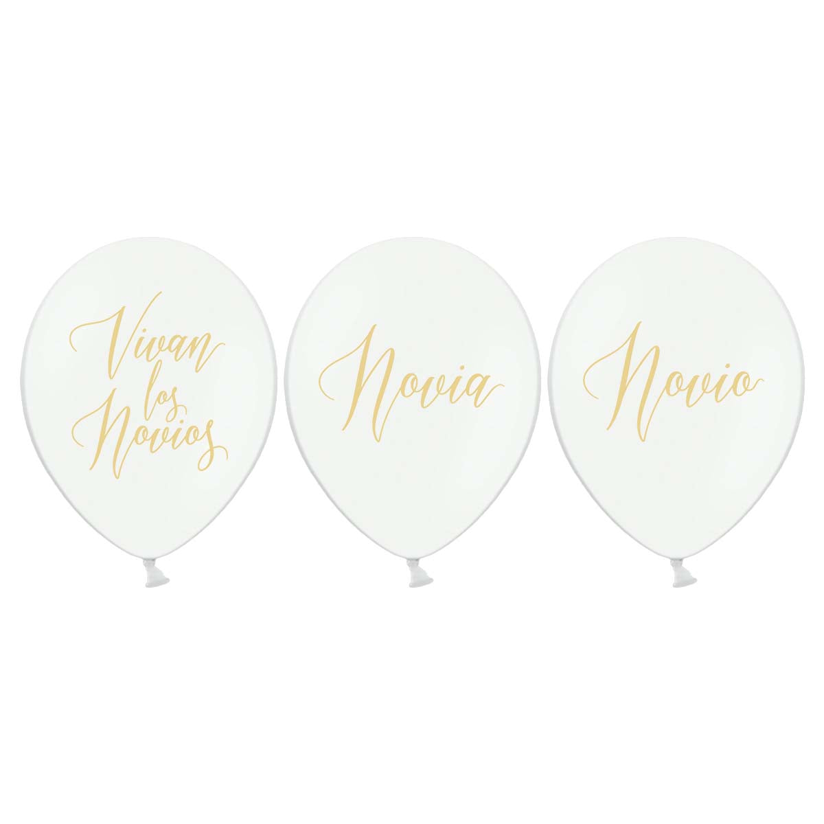 Globos blancos de 30 cm con inscripción dorada para boda. Modelos disponibles: Novia, Novio y Vivan los novios.