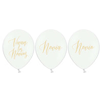 Globos blancos de 30 cm con inscripción dorada para boda. Modelos disponibles: Novia, Novio y Vivan los novios.