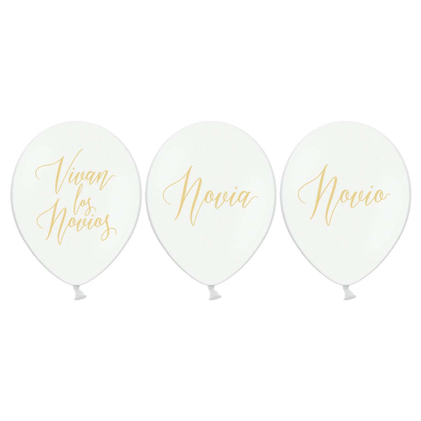 Globos blancos de 30 cm con inscripción dorada para boda. Modelos disponibles: Novia, Novio y Vivan los novios.