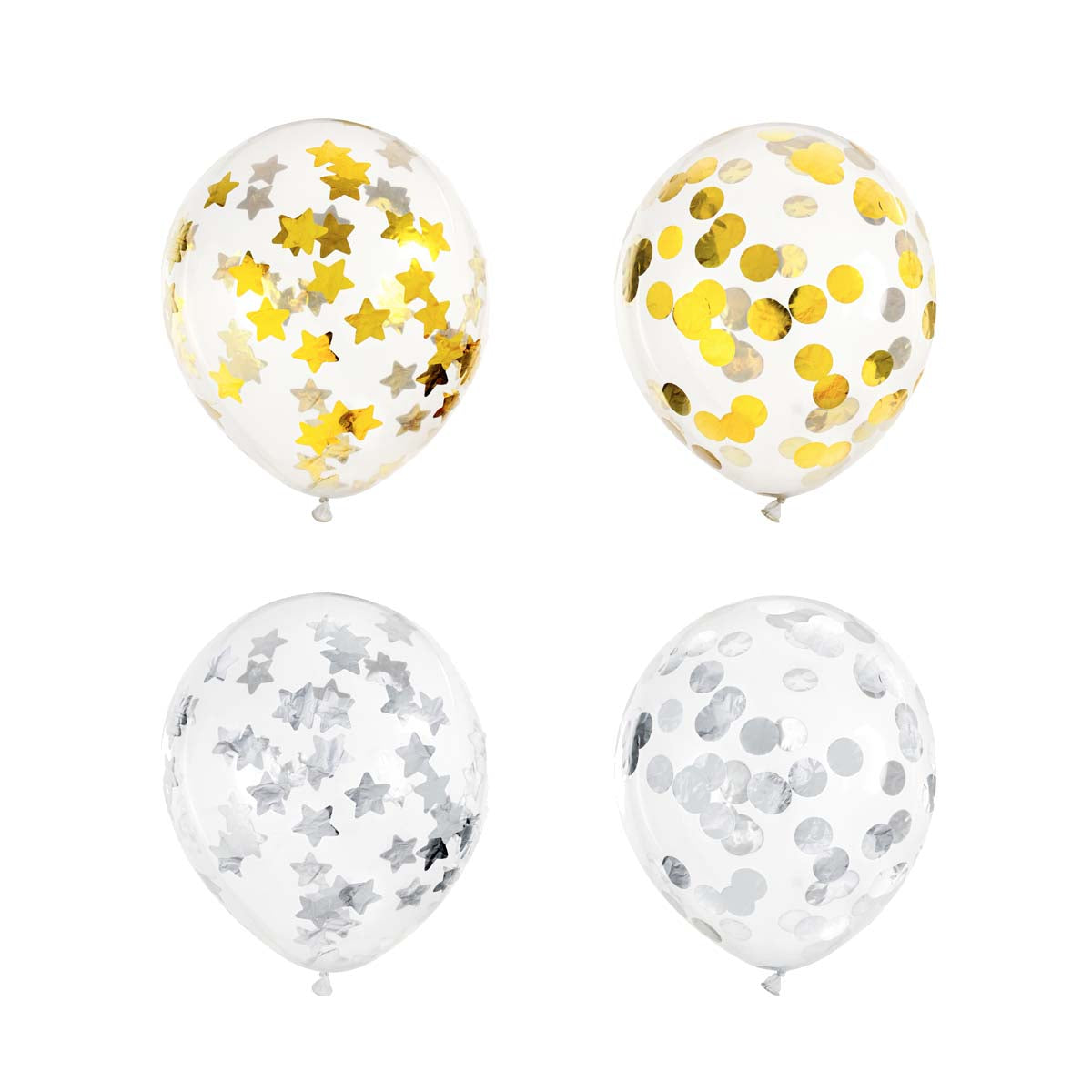 Globos transparentes de 30 cm con confeti metálico en dorado o plata, con formas de topos o estrellas. Pack de 6 unidades.