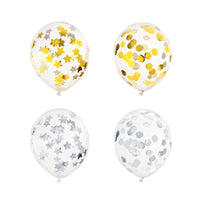 Globos transparentes de 30 cm con confeti metálico en dorado o plata, con formas de topos o estrellas. Pack de 6 unidades.