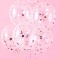 Globo transparente de 30 cm con confeti metálico plateado en forma de estrellas. Pack de 6 unidades.