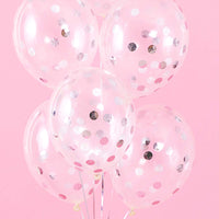 Globo transparente de 30 cm con confeti metálico plateado en forma de topos. Pack de 6 unidades.