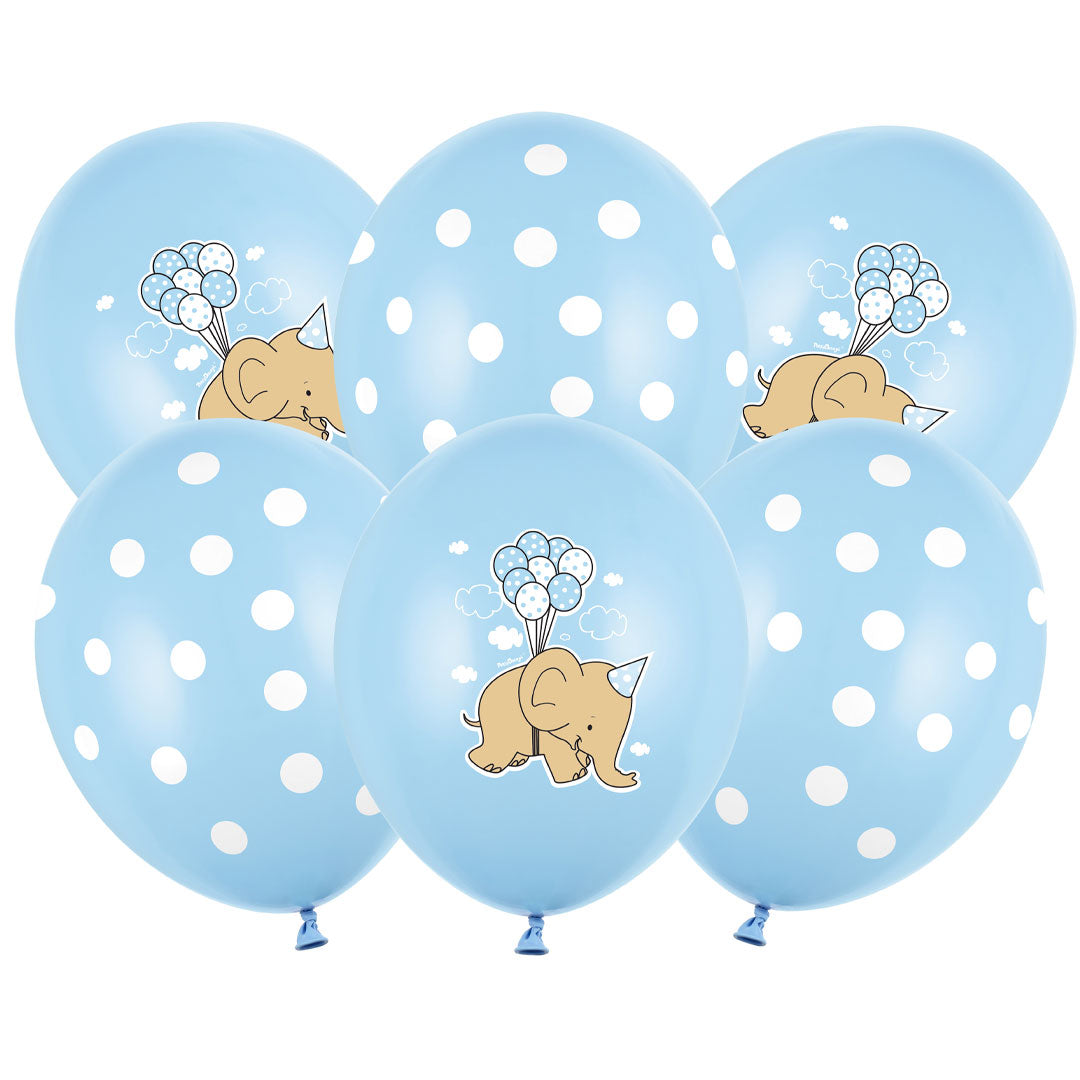 Pack de globos azul pastel con elefantes y lunares