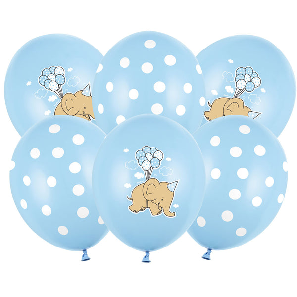 Pack de globos azul pastel con elefantes y lunares