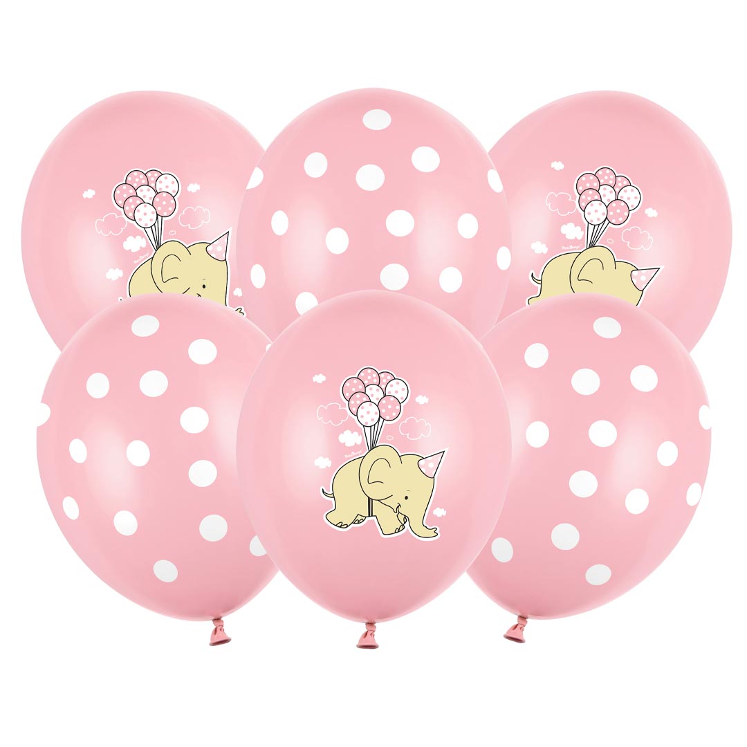 Pack de globos rosa pastel con elefantes y lunares