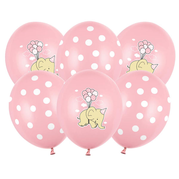 Pack de globos rosa pastel con elefantes y lunares