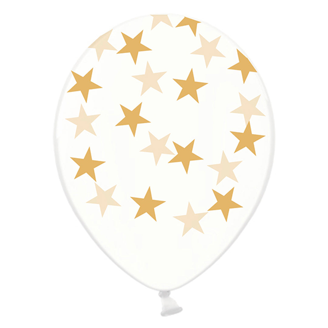 Globo con dibujos de estrellas doradas de 30cm. en material resistente para fiestas y cumpleaños.