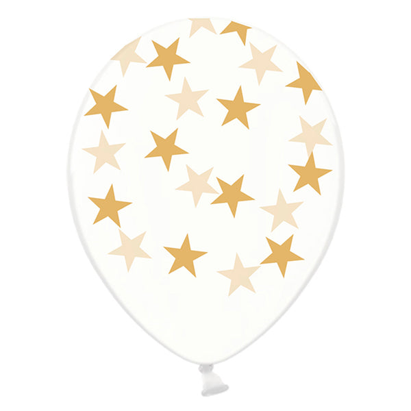 Globo con dibujos de estrellas doradas de 30cm. en material resistente para fiestas y cumpleaños.