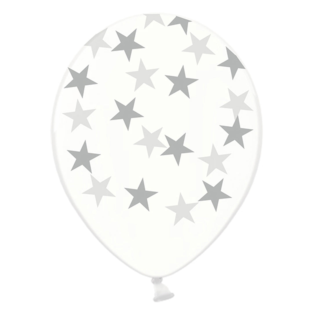 Globo con dibujos de estrellas plateadas de 30cm. en material resistente para fiestas y cumpleaños. 