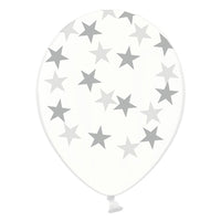 Globo con dibujos de estrellas plateadas de 30cm. en material resistente para fiestas y cumpleaños. 
