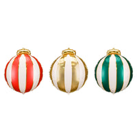 detalle del Set de 3 globos Bola de Navidad a rayas en rojo, dorado y verde, 46 cm