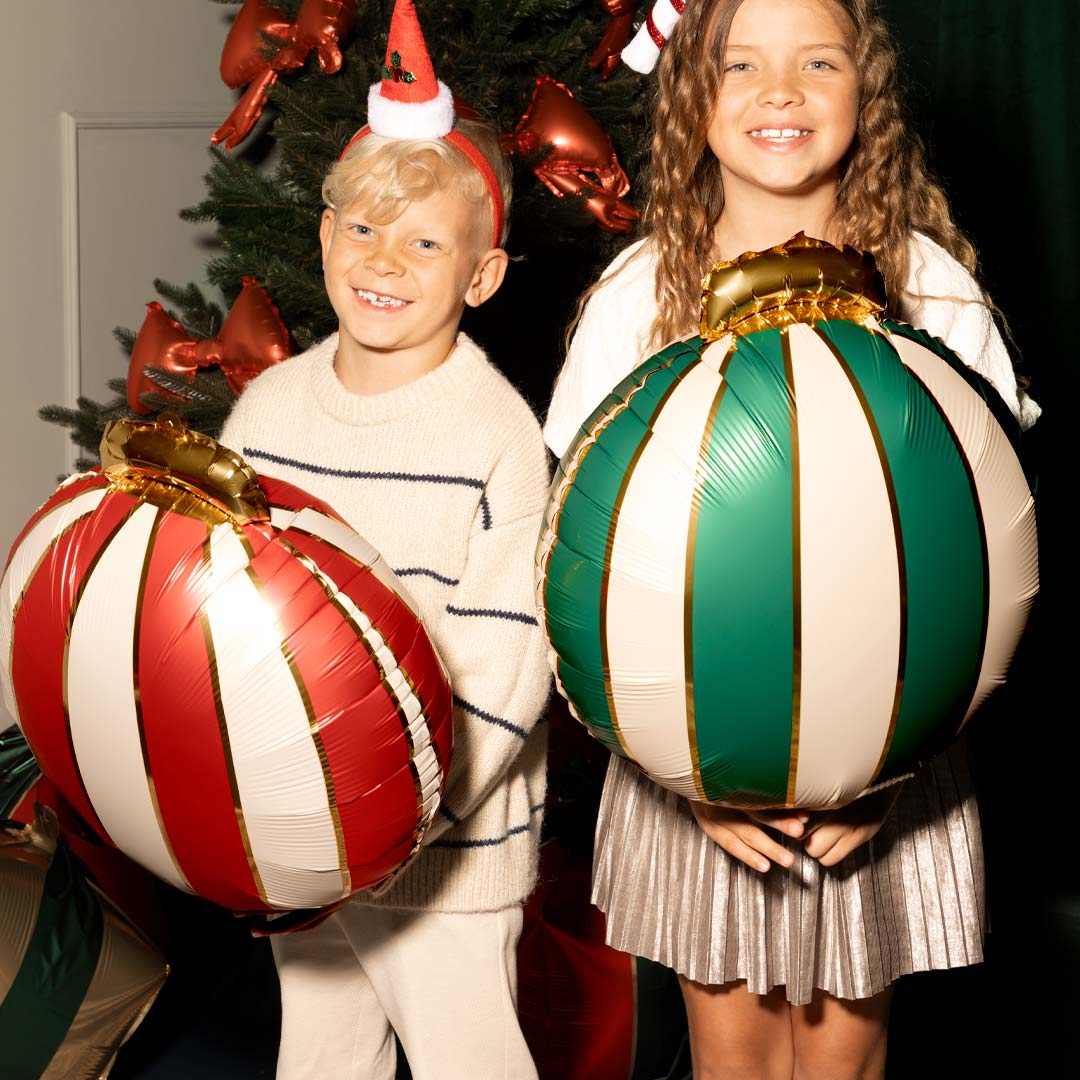 Set de 3 globos Bola de Navidad a rayas en rojo, dorado y verde, 46 cm