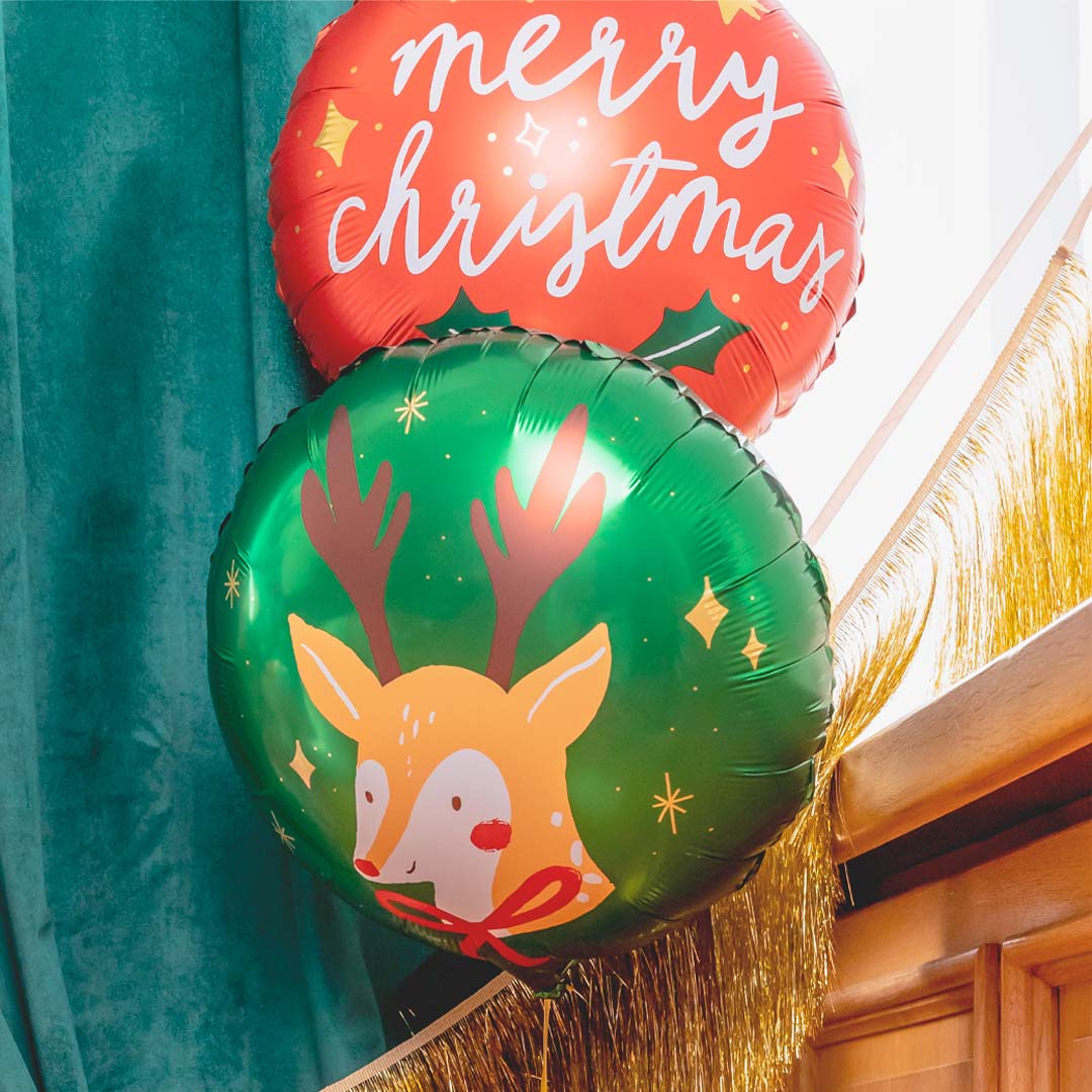 Pack de 2 globos de Navidad, Reno verde y Merry Christmas rojo, 45 cm