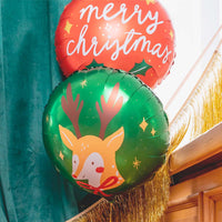 Pack de 2 globos de Navidad, Reno verde y Merry Christmas rojo, 45 cm