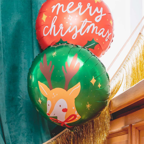 Pack de 2 globos de Navidad, Reno verde y Merry Christmas rojo, 45 cm