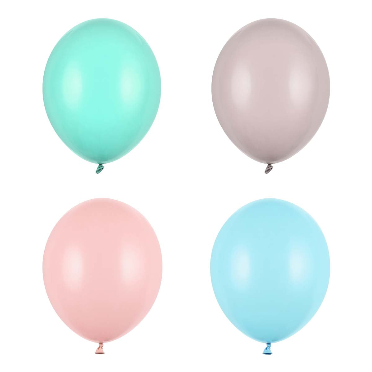 Globos lisos fuertes de 30 cm disponibles en colores azul, gris, menta y rosa. Decoración para fiestas y celebraciones.