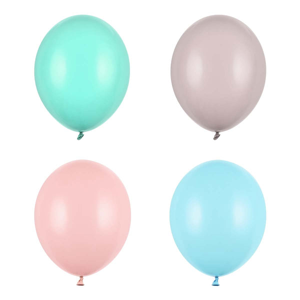 Globos lisos fuertes de 30 cm disponibles en colores azul, gris, menta y rosa. Decoración para fiestas y celebraciones.