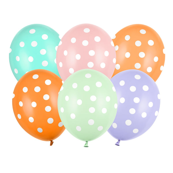 Pack 6 globos pastel con topos blancos 30 cm