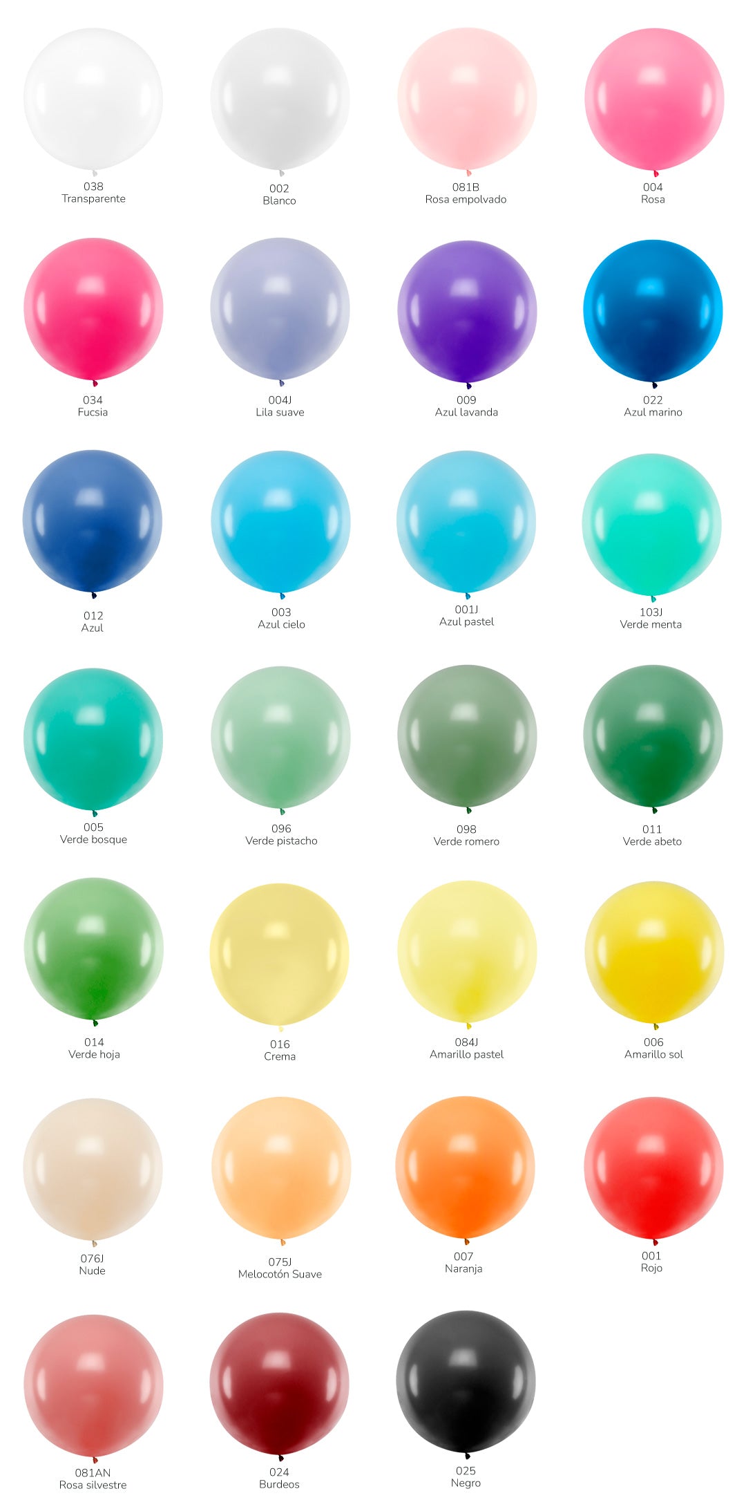 Carta de colores de los Globos Redondos Gigantes para Cumpleaños