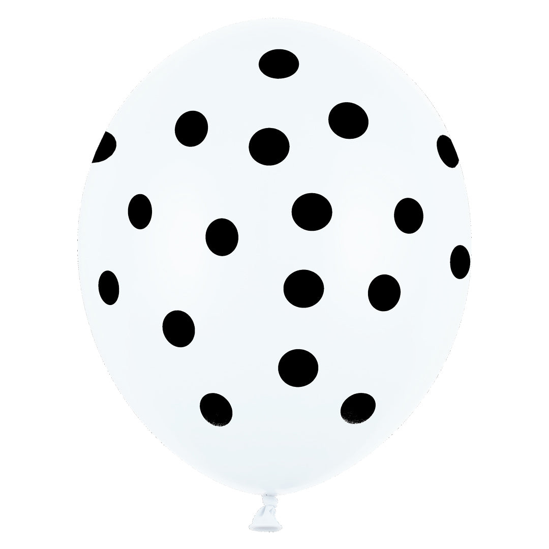 Globo de 30cm. en color blanco con topos negros. Ideales para fiestas y celebraciones. 