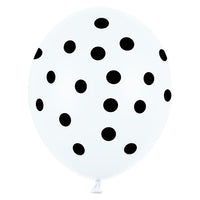 Globo de 30cm. en color blanco con topos negros. Ideales para fiestas y celebraciones. 