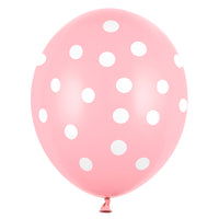 Globo de 30cm. en color rosa con topos blancos. Ideales para fiestas y celebraciones. 