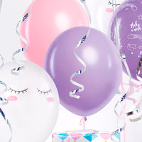 Pack de 3 globos Unicornio: rosa con texto Make a Wish, lila con unicornios y blanco con carita. Tamaño 30 cm.