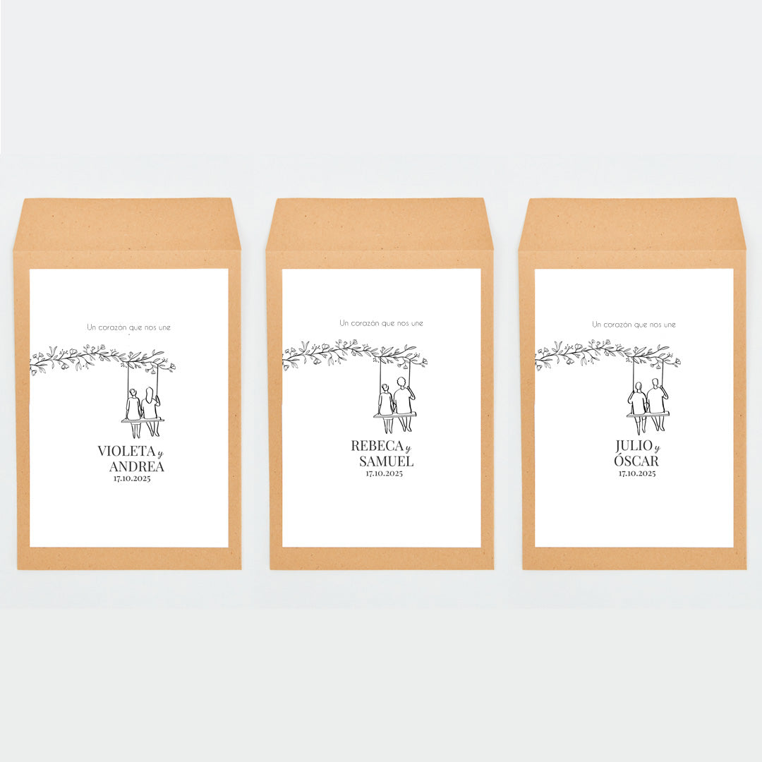 opciones del sobre de la tarjeta de agradecimiento con corazón de madera para invitados de boda de la colección Susurros. 