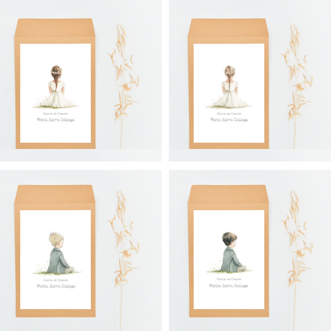 Opciones de diseño, de la colección boho, para los sobres de las tarjetas con corazón para invitados de comunión.