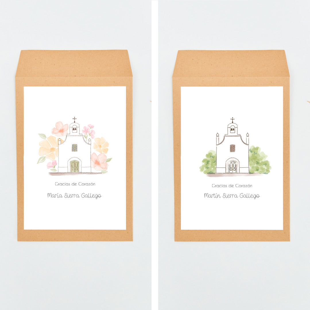 Opciones de diseño, de la colección iglesia, para los sobres de las tarjetas con corazón para invitados de comunión.