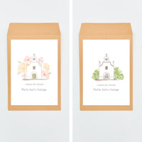 Opciones de diseño, de la colección iglesia, para los sobres de las tarjetas con corazón para invitados de comunión.