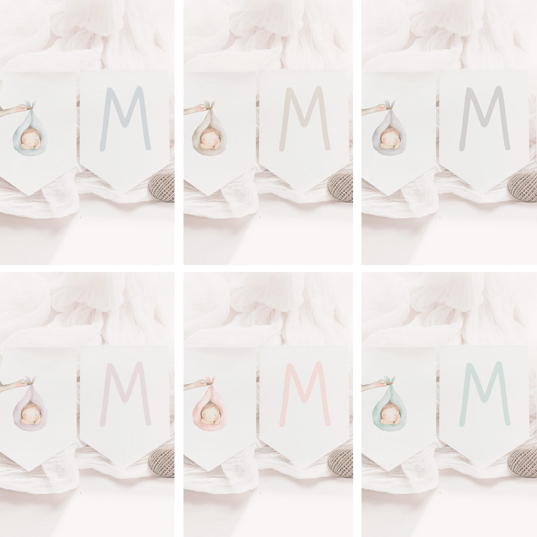 Opciones de diseño para la guirnalda personalizada de bautizo de la colección cigüeña. 