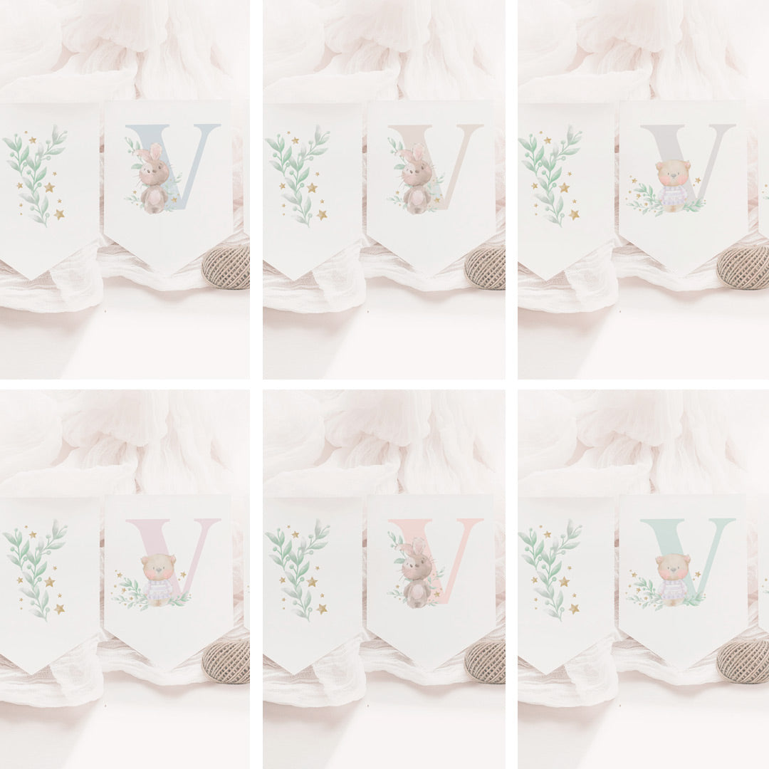 Opciones de diseño para la guirnalda personalizada de bautizo de la colección inicial. 