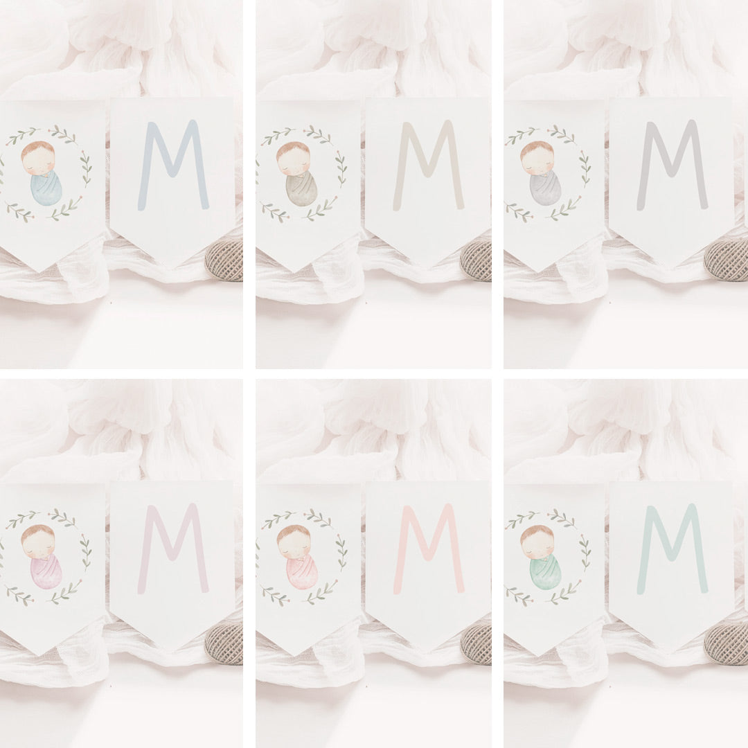 Opciones de diseño para la guirnalda personalizada de bautizo de la colección rosquito bebé. 