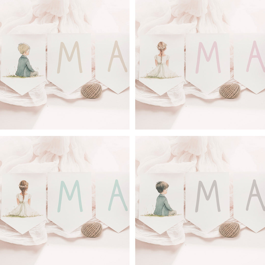 Opciones de diseño para la guirnalda personalizada de comunión de la colección boho. 