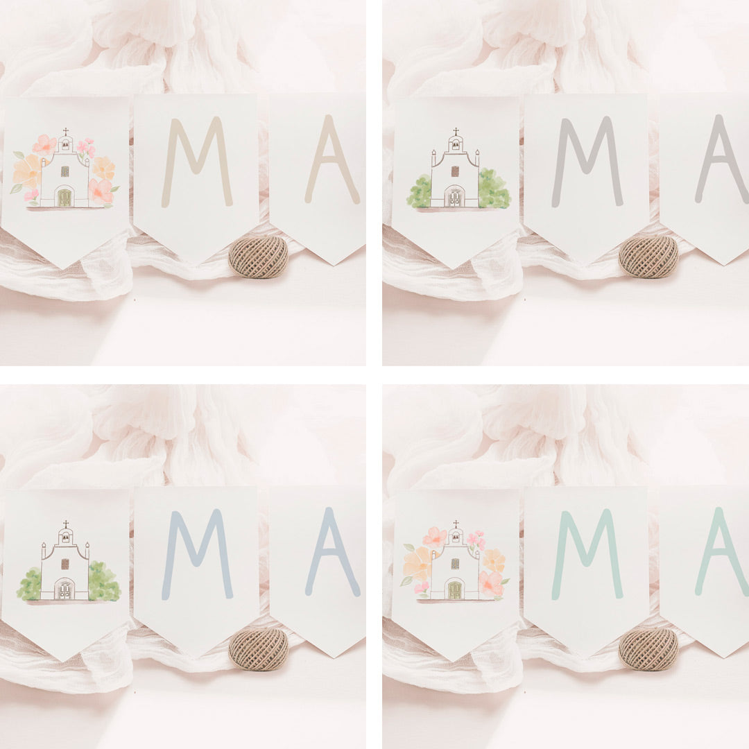 Opciones de diseño para la guirnalda personalizada de comunión de la colección iglesia. 