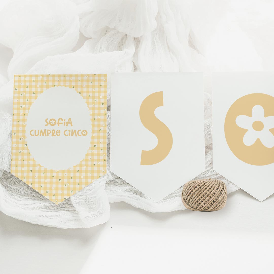 Guirnalda de cumpleaños personalizada temática primavera con banderines de nombre sobre estampado vichy amarillo y margaritas