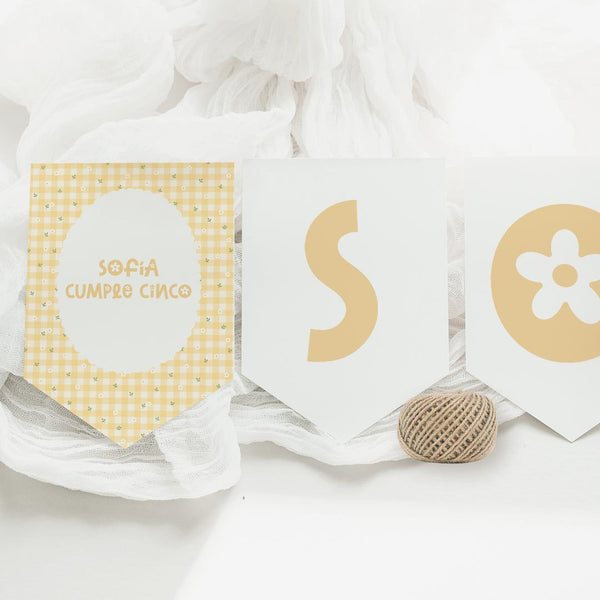 Guirnalda de cumpleaños personalizada temática primavera con banderines de nombre sobre estampado vichy amarillo y margaritas