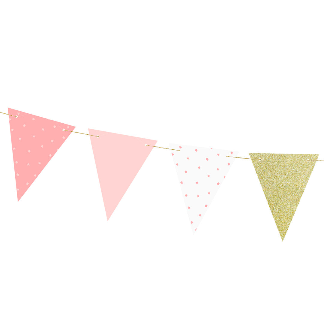 Detalle de la guirnalda para fiestas y celebraciones y tonos rosa y dorado.