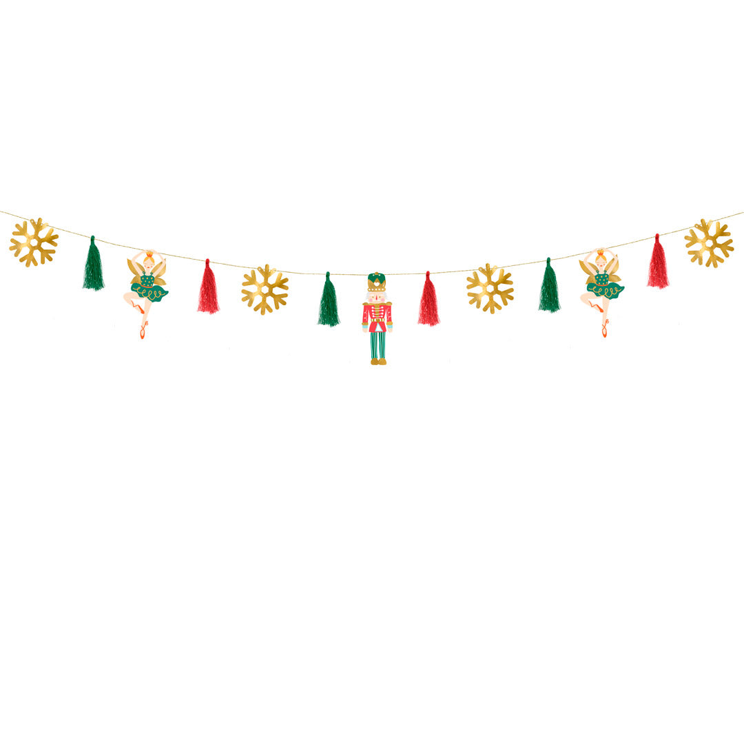 Detalle de la guirnalda de papel con Cascanueces, bailarinas y copos de nieve dorados, 2 m