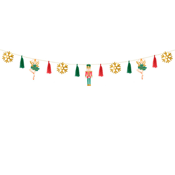 Detalle de la guirnalda de papel con Cascanueces, bailarinas y copos de nieve dorados, 2 m