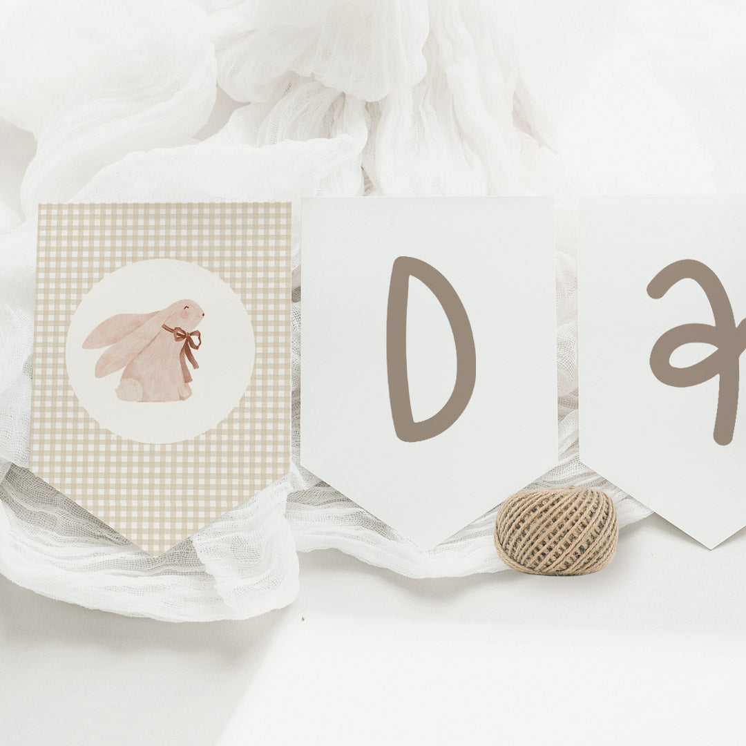 Guirnalda de baby shower personalizada con banderines de nombre sobre estampado vichy beige