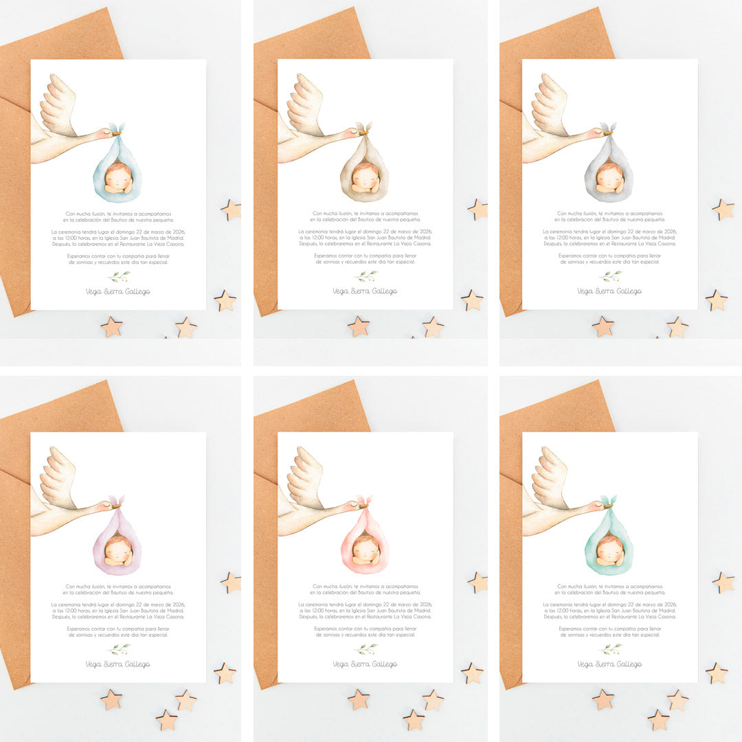 opciones de color de la invitación para bautizo de la colección cigüeña