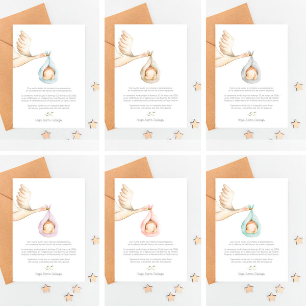 opciones de color de la invitación para bautizo de la colección cigüeña