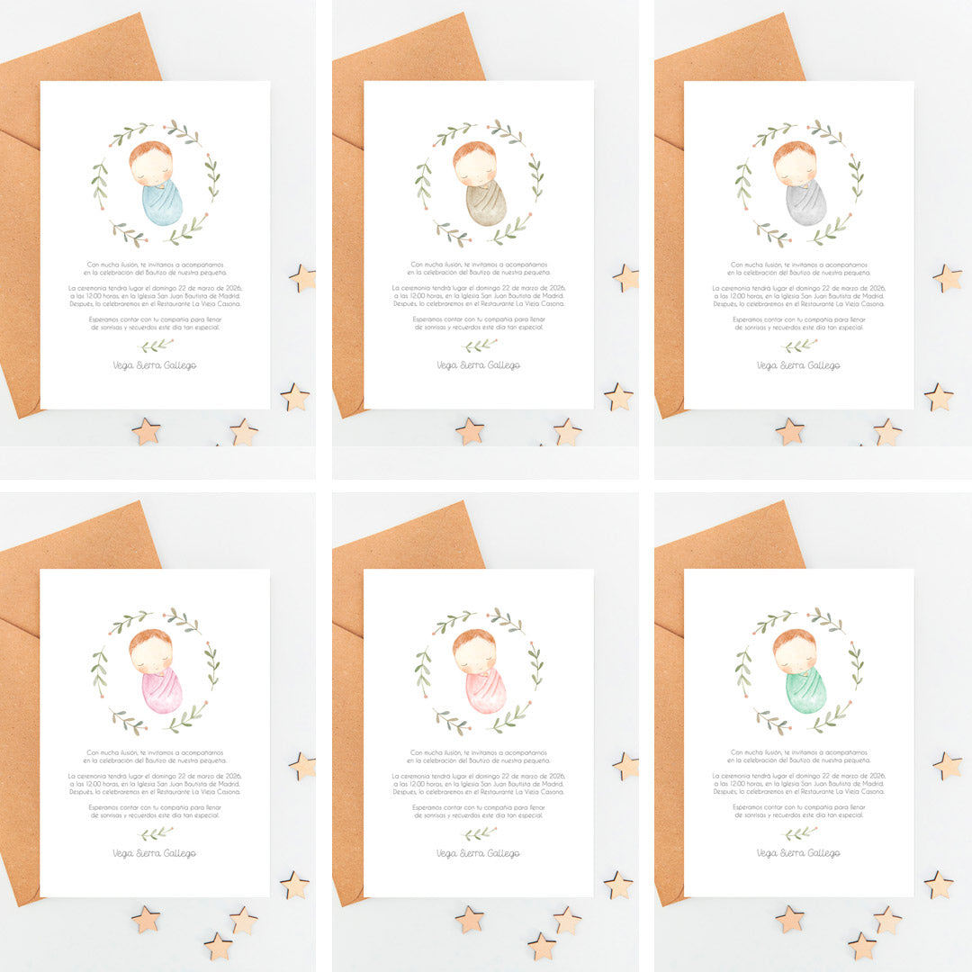 opciones de color de la invitación para bautizo de la colección rosquito bebé