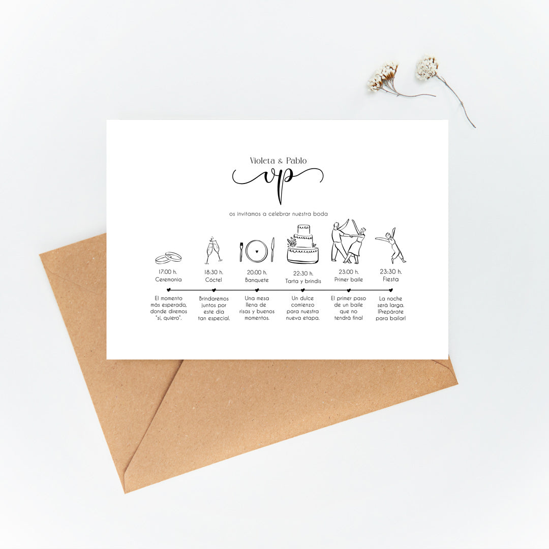 Esquema del horario del gran día de la colección para boda eterna.